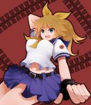 1girl arano_oki belt bow fingerless_gloves gloves hair_bow m.u.g.e.n midriff mugen_ryuko navel ponytail school_uniform serafuku skirt solo tagme