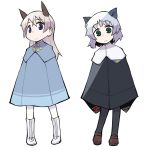  2girls animal_ears bad_id black_legwear blonde_hair blush cat_ears coat eila_ilmatar_juutilainen green_eyes long_hair military military_uniform multiple_girls overcoat pantyhose papa poncho sanya_v_litvyak short_hair silver_hair smile strike_witches uniform white_legwear world_witches_series 