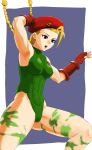  1girl abs armpits beret blonde_hair bodypaint breasts cammy_white capcom covered_navel hat leotard outside_border scar solo street_fighter 