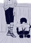  2boys leaning male_focus marco monochrome multiple_boys one_piece portgas_d_ace sandals sitting whitebeard_pirates 