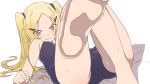  1girl aoyama_mio arm_support ass bare_shoulders barefoot blonde_hair blush closed_mouth female kami_nomi_zo_shiru_sekai long_hair looking_at_viewer shadow solo swimsuit twintails white_background yellow_eyes yuto_(dialique) 
