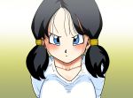  1girl angry basara black_hair blue_eyes blush breasts collarbone dragon_ball dragonball_z highres long_hair looking_at_viewer simple_background solo staring twintails videl 