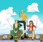  3boys black_hair blonde_hair bucket fish fishing fishing_rod green_hair male_focus monkey_d_luffy multiple_boys ocean one-eyed one_piece roronoa_zoro sanji sitting smile trio water 