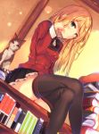  1girl aqua_eyes black_legwear blonde_hair blush book book_stack bookshelf cat highres legs_crossed long_hair mikususannda mizuyoukan_(mikususannda) original school_uniform sitting skirt smile solo thigh-highs 