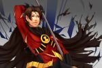  1boy batman_(series) belt black_hair blue_eyes bodysuit cape dc_comics gloves male_focus red_robin staff tim_drake torn_clothes weapon 