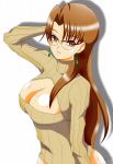  1girl breasts brown_eyes brown_hair cleavage cleavage_cutout earrings glasses jewelry kurise_asuka_(royalhouse) large_breasts long_hair open-chest_sweater ribbed_sweater solo sweater 