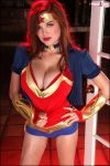  blouse bra bracelet breasts cleavage clothes_grab cosplay dc_comics gloves hands_on_hips jewelry large_breasts lipstick makeup open_blouse open_clothes open_shirt photo shirt tessa_fowler tiara underwear wonder_woman wonder_woman_(series) 