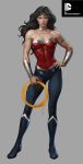  1girl amazon armband armor black_hair blue_eyes blue_shoes boots breasts choker dc_comics diana_prince full_body grey_background hand_on_hip lasso lasso_of_truth muscle pants parted_lips solo standing stanley_lau star strapless tiara vambraces wonder_woman wonder_woman_(series) 