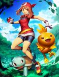  1girl bag bandanna bangs bike_shorts black_legwear blue_sky brown_hair clouds forest full_body genzoman gloves haruka_(pokemon) leaf looking_to_the_side nature outdoors poke_ball pokemon pokemon_(anime) satchel shoes sky sneakers socks solo squirtle torchic tree 