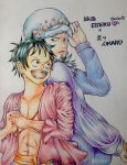  2boys back-to-back hand_on_headwear male_focus monkey_d_luffy multiple_boys one_piece scar smile traditional_media trafalgar_law 