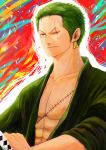  1boy abs earrings green_hair highres jewelry male_focus one-eyed one_piece open_clothes open_shirt roronoa_zoro scar sheathed_sword shirt solo sword weapon 