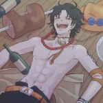  1boy belt bottle food freckles jewelry lying male_focus necklace on_back one_piece portgas_d_ace sleeping stampede_string tattoo topless 