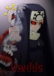  1girl black_sclera blonde_hair character_name cross double_(skullgirls) female habit jewelry monster necklace nun open_mouth red_eyes skullgirls smile solo teeth 