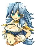  1girl blazbluefairy blue_hair breasts cleavage female final_fantasy final_fantasy_crystal_chronicles green_eyes hands_on_hips long_hair midriff navel selkie simple_background solo white_background 