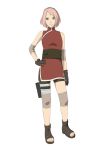  1girl arm_warmers bandage bangs bare_shoulders belt bike_shorts black_gloves breasts dress eyelashes facial_mark forehead_mark full_body gloves green_eyes hand_on_hip haruno_sakura headband headdress highres leg_warmers looking_at_viewer naruto naruto:_the_last official_art open_toe_shoes pink_hair pocket red_dress sash shoes short_dress short_hair side_slit simple_background sleeveless sleeveless_dress solo standing thigh_strap thighs toes turtleneck white_background 