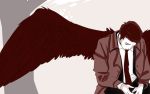  1boy angel_wings brown_hair castiel closed_eyes necktie sitting solo supernatural_(tv_series) text trench_coat wings 