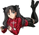 1girl :3 black_legwear black_skirt fate/stay_night fate_(series) feet game_console green_eyes hair_ornament no_shoes playstation_2 ribbon simple_background skirt solo sweater thigh-highs tohsaka_rin twintails 