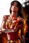  1girl amazon armor axlsalles belt black_hair blood blood_on_face blue_eyes dc_comics eagle_(symbol) fire injury looking_at_viewer muscle realistic reflection scale_armor solo star strapless tiara vambraces wonder_woman wonder_woman_(series) 