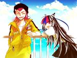  1boy 1girl bangs beanie black_hair blunt_bangs braid closed_eyes dangan_ronpa double_bun ear_piercing earrings fang food happy hat ice_cream jumpsuit long_hair looking_at_viewer looking_over_shoulder mioda_ibuki ocean open_mouth railing red_hair school_uniform screw serafuku sharp_teeth side_braid sky sleeves_rolled_up smile souda_kazuichi streaked_hair super_dangan_ronpa_2 unzipped white_hair zipper 