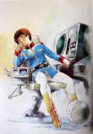  1boy amuro_ray boots brown_hair chair gundam male_focus military military_uniform mobile_suit_gundam official_art sitting solo uniform yasuhiko_yoshikazu 