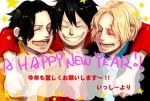  10s 2015 3boys black_hair blonde_hair brothers male_focus monkey_d_luffy multiple_boys new_year one_piece portgas_d_ace sabo_(one_piece) scar siblings smile 
