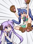  2girls :3 ahoge angry animal_ears armpits bear_ears bear_paws blue_hair blush bow breasts cosplay fang green_eyes hair_bow hair_ribbon hiiragi_kagami izumi_konata jumping long_hair lucky_star maid_headdress mizushima_(p201112) mole multiple_girls necktie open_mouth purple_hair ribbon school_uniform simple_background striped_background tongue tongue_out tsubaki_kureha tsubaki_kureha_(yuri_kuma_arashi)_(cosplay) twintails violet_eyes yuri_kuma_arashi yurigasaki_lulu yurigasaki_lulu_(yuri_kuma_arashi)_(cosplay) 