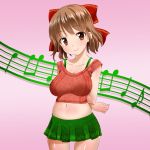  1girl arms_behind_back bow breasts brown_eyes brown_hair crop_top hair_bow large_breasts midriff musical_note navel salamander_(team_7th) skirt smile solo 
