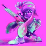  1girl beanie coat domino_mask female gun hat highres hood hoodie inkling mask neon nintendo shoes sneakers solo splatoon tentacle_hair tied_hair twintails weapon 