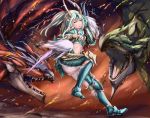  1boy 2girls armor ass blue_eyes capcom doraxi dragon fangs highres long_hair midriff monster monster_hunter multiple_girls navel open_mouth panties rathalos rathian scales silver_hair tagme teeth underwear zinogre_(armor) 