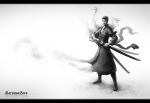  1boy absurdres character_name highres male_focus monochrome one-eyed one_piece robe roronoa_zoro sash solo standing sword wallpaper weapon 