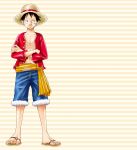  1boy crossed_arms denim denim_shorts full_body hat long_sleeves male_focus monkey_d_luffy one_piece open_clothes open_mouth open_shirt red_shirt sandals sash scar shirt shorts solo straw_hat striped_background 