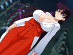  1girl angry bishoujo_senshi_sailor_moon blue_eyes breasts cleavage earrings glamour_works highres hino_rei huge_breasts japanese_clothes jewelry long_hair looking_away miko purple_hair sailor_mars solo standing wallpaper 
