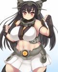  1girl bare_shoulders black_hair blush breasts curvy headgear himadara kantai_collection large_breasts long_hair midriff nagato_(kantai_collection) navel plump red_eyes skirt solo standing thick_thighs thigh-highs thighs wavy_mouth wide_hips 