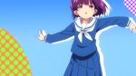  1girl animated animated_gif dancing koufuku_graffiti looking_at_viewer morino_kirin purple_hair school_uniform short_hair solo violet_eyes 