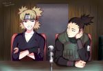  10s 1boy 1girl 2015 amiko dated fingerless_gloves fishnets forehead_protector gloves japanese_clothes microphone nara_shikamaru naruto naruto_shippuuden quad_tails smile table temari topknot twitter_username 