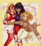  3girls arrowette blonde_hair blue_eyes cassandra_sandsmark closed_eyes dc_comics domino_mask female flying gloves goggles greta_hayes hand_holding jacket looking_at_viewer lowres mask multiple_girls secret_(dc) shorts skirt smile thigh-highs white_skirt wig wink wonder_girl young_justice 