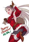  1girl belt boots breasts capcom_fighting_jam christmas dress gloves hairpods highres ingrid long_hair merry_christmas open-back_dress pantyhose red_eyes sack santa_costume shoes skirt smile solo tetsu_(kimuchi) thigh-highs thighhighs_over_pantyhose white_hair 