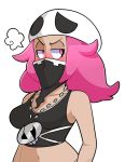  1girl absurdres bandana_over_mouth bandanna bare_shoulders beanie blush breasts cleavage covered_mouth embarrassed half-closed_eyes hat highres jewelry long_hair looking_away mask midriff navel necklace npc npc_trainer pink_eyes pink_hair pokemon pokemon_(game) pokemon_sm skull_hat solo tank_top team_skull team_skull_grunt upper_body 