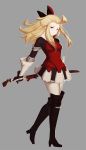  1girl ahoge armor blonde_hair blue_eyes boots bravely_default:_flying_fairy bravely_default_(series) edea_lee female hair_ribbon high_heels katana liangxieyue long_hair pantyhose ribbon simple_background skirt smile solo sword weapon 