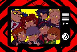  amagi_yukiko chibi dark_persona everyone glowing glowing_eyes hanamura_yousuke hoursago kujikawa_rise kuma_(persona_4) narukami_yuu persona persona_4 satonaka_chie school_uniform shirogane_naoto tatsumi_kanji television very_short_hair 