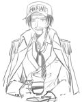  1boy coffee cup disguise fake_mustache freckles hat jacket_on_shoulders male_focus marine one_piece portgas_d_ace sketch solo uniform 