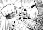  1girl breasts cerebella_(skullgirls) cleavage clenched_hand female hat horns lipstick makeup monochrome open_mouth panties pointing skirt skullgirls underwear upskirt vice-versa_(skullgirls) 