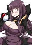  10s 1girl alternate_hairstyle bangs blunt_bangs blush breasts cleavage elite_four female glasses gloves highres holding holding_poke_ball large_breasts long_hair maru_(maruttona) pen poke_ball pokemon pokemon_(game) pokemon_bw purple_hair purple_skirt shikimi_(pokemon) simple_background skirt smile solo transparent_background 