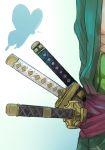  1boy butterfly haramaki male_focus one_piece open_clothes robe roronoa_zoro sash sheathed_sword solo weapon 