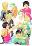  3boys black_hair blonde_hair formal green_hair hair_over_one_eye haramaki hat long_sleeves male_focus monkey_d_luffy multiple_boys multiple_persona necktie one-eyed one_piece open_clothes open_shirt red_shirt robe roronoa_zoro sanji sash scar shirt shorts sitting smile stampede_string straw_hat suit t-shirt tank_top trio vest younger 