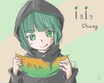  1girl artist_request character_name copyright_name food fruit green_eyes green_hair isil isis-chan melon original personification source_request tagme tongue tongue_out 