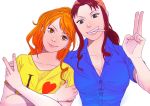  2girls bad_id bellemere cigarette mohawk mother_and_daughter multiple_girls nami_(one_piece) one_piece orange_hair ponytail shirt simple_background smile smoking t-shirt time_paradox v white_background 