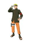  1boy absurdres bandaged_arm blonde_hair blue_eyes forehead_protector full_body hand_on_hip highres looking_at_viewer naruto naruto:_the_last official_art solo spiky_hair toeless_legwear uzumaki_naruto whiskers zipper 