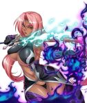  boots breasts cleavage cleavage_cutout dark_skin elbow_gloves fire gloves huge_breasts ingrid_(taimanin_asagi) kagami_hirotaka large_breasts lipstick long_hair looking_at_viewer makeup mole pink_hair purple_lipstick sword taimanin_asagi taimanin_asagi_battle_arena thigh-highs thigh_boots thong under_boob wide_hips yellow_eyes 