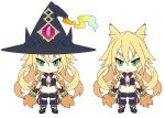  1girl blonde_hair chibi green_eyes harada_takehito hat long_hair magic majo_to_hyakkihei metallica_(majo_to_hyakkihei) nippon_ichi solo witch witch_hat 